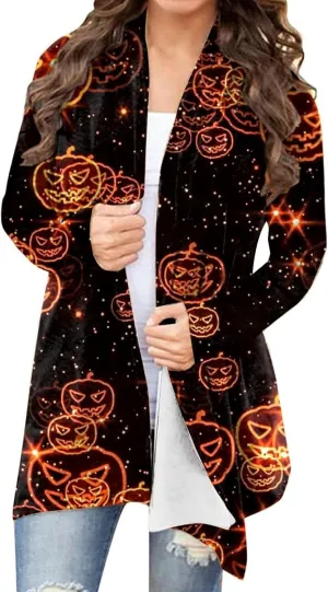 Womens 2023 Fashion Print Cardigan Casual Open Front Printed Cardigans Sweaters Fall Winter Thin Coats Jackets Outerwear