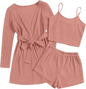 Women's 3 Piece Ribbed Knit Pajama Set Cami Tops and Shorts with Cardigan Robe Loungewear Soft Cozy Workout Sleepwear