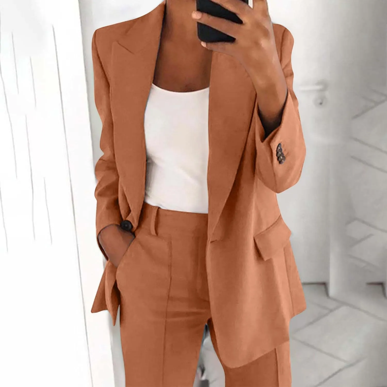 Women's Blazer Open Front Work Office Blazer Button Solid Color Pocket Jacket Blazer Lapel Long Sleeve Cardigans
