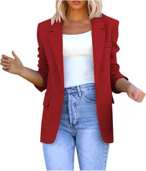 Womens Boyfriend Blazers Notched Lapel Open Front One Button Long Sleeve Suit Jackets Business Casual Loose Outfits