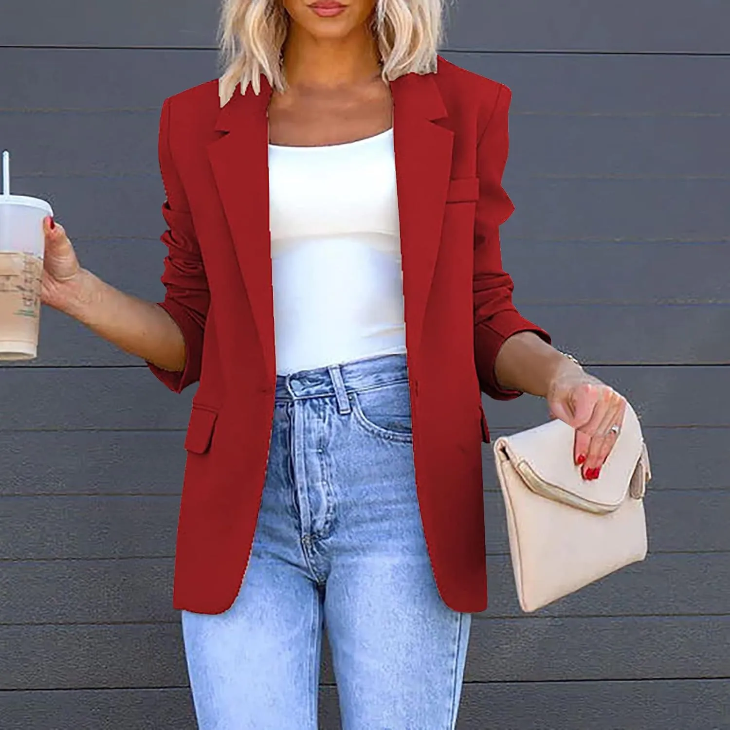 Womens Boyfriend Blazers Notched Lapel Open Front One Button Long Sleeve Suit Jackets Business Casual Loose Outfits