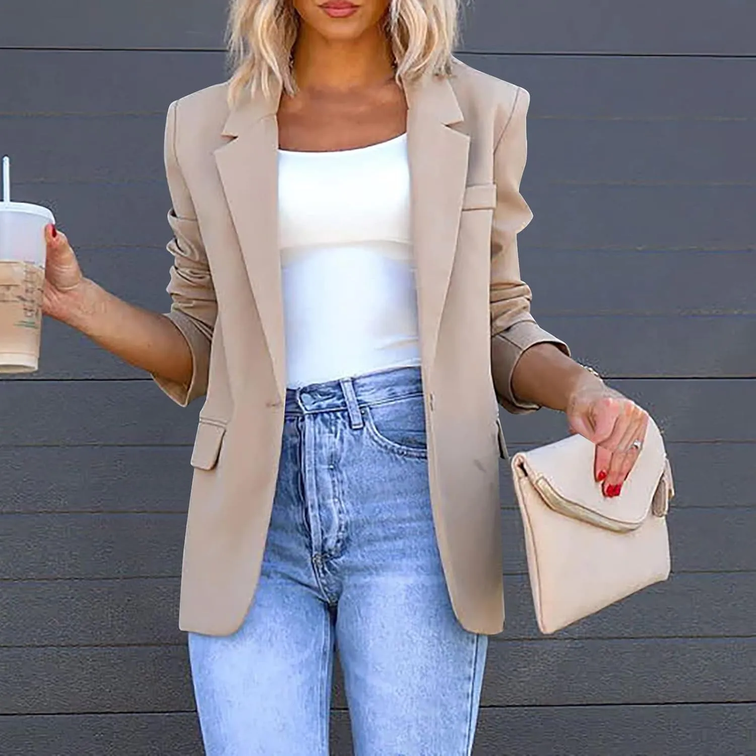 Womens Boyfriend Blazers Notched Lapel Open Front One Button Long Sleeve Suit Jackets Business Casual Loose Outfits