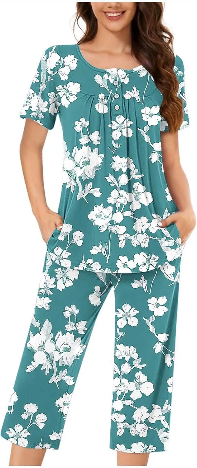 Womens Button Down Pajama Set Short Sleeve Sleepwear Soft Pjs Pleated Floral Nightshirts and Capri Pants Lounge Sets