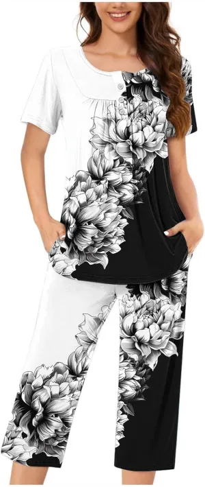 Womens Button Down Pajama Set Short Sleeve Sleepwear Soft Pjs Pleated Floral Nightshirts and Capri Pants Lounge Sets