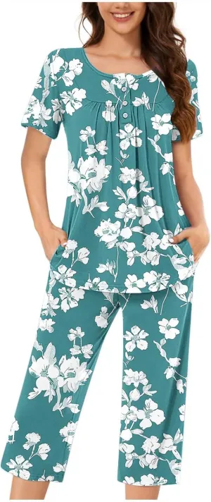 Womens Button Down Pajama Set Short Sleeve Sleepwear Soft Pjs Pleated Floral Nightshirts and Capri Pants Lounge Sets