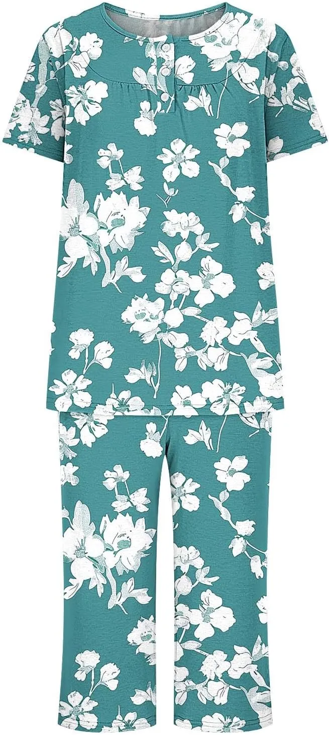 Womens Button Down Pajama Set Short Sleeve Sleepwear Soft Pjs Pleated Floral Nightshirts and Capri Pants Lounge Sets