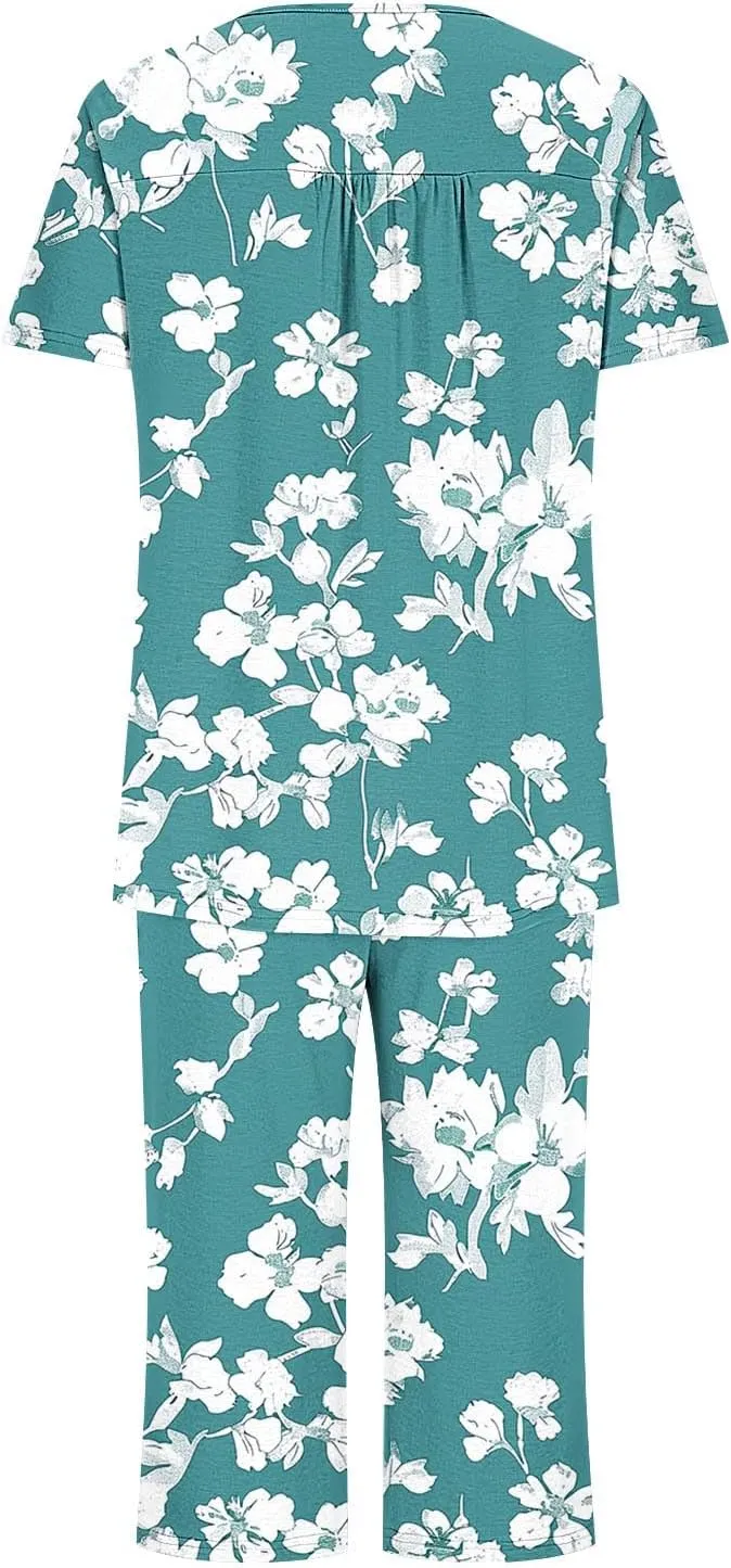 Womens Button Down Pajama Set Short Sleeve Sleepwear Soft Pjs Pleated Floral Nightshirts and Capri Pants Lounge Sets