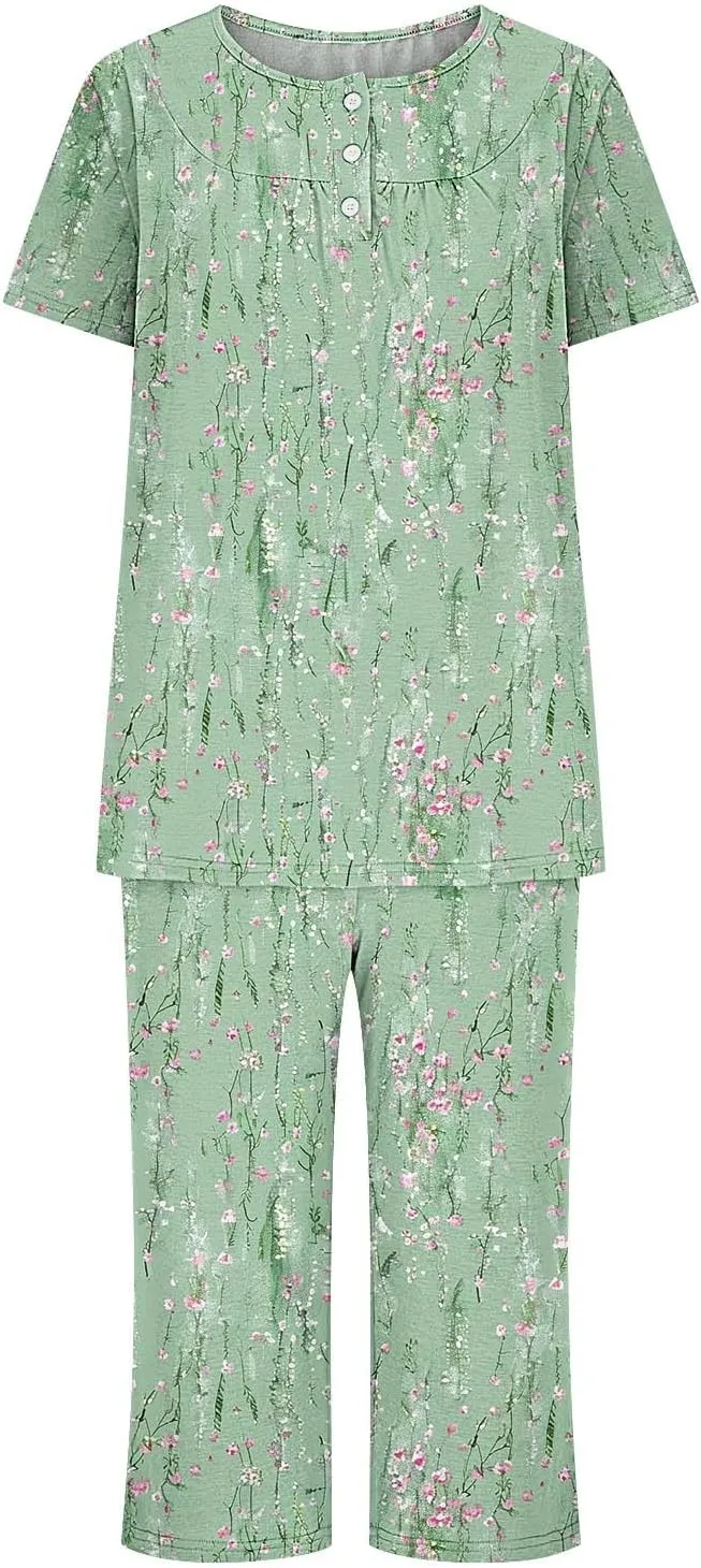 Womens Button Down Pajama Set Short Sleeve Sleepwear Soft Pjs Pleated Floral Nightshirts and Capri Pants Lounge Sets