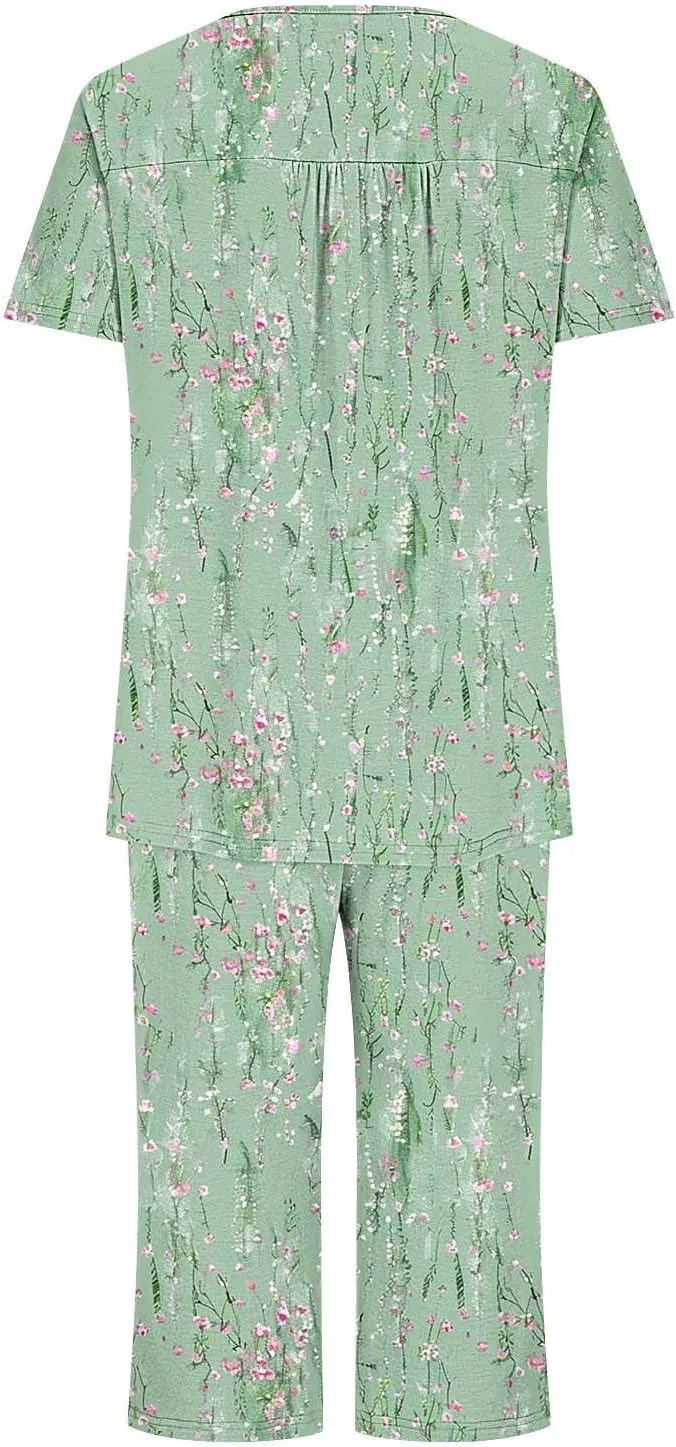 Womens Button Down Pajama Set Short Sleeve Sleepwear Soft Pjs Pleated Floral Nightshirts and Capri Pants Lounge Sets
