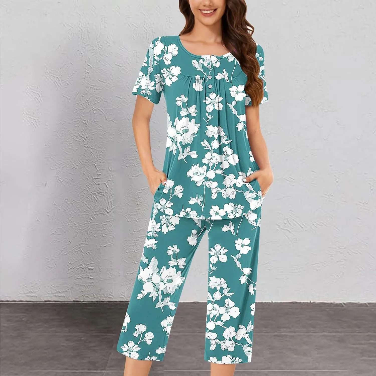 Womens Button Down Pajama Set Short Sleeve Sleepwear Soft Pjs Pleated Floral Nightshirts and Capri Pants Lounge Sets