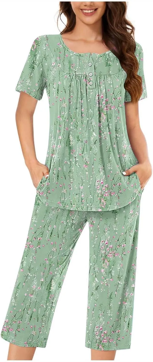Womens Button Down Pajama Set Short Sleeve Sleepwear Soft Pjs Pleated Floral Nightshirts and Capri Pants Lounge Sets
