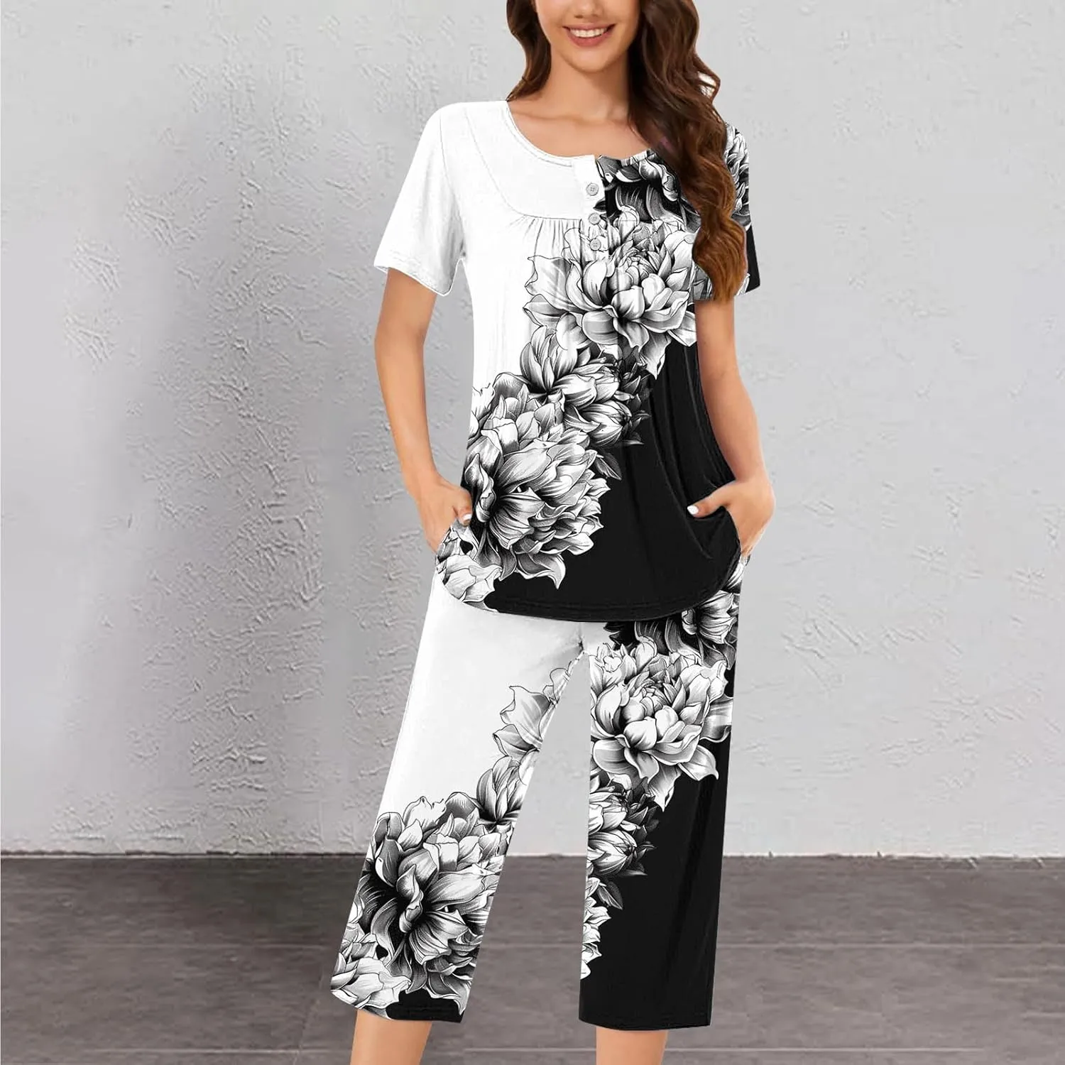 Womens Button Down Pajama Set Short Sleeve Sleepwear Soft Pjs Pleated Floral Nightshirts and Capri Pants Lounge Sets