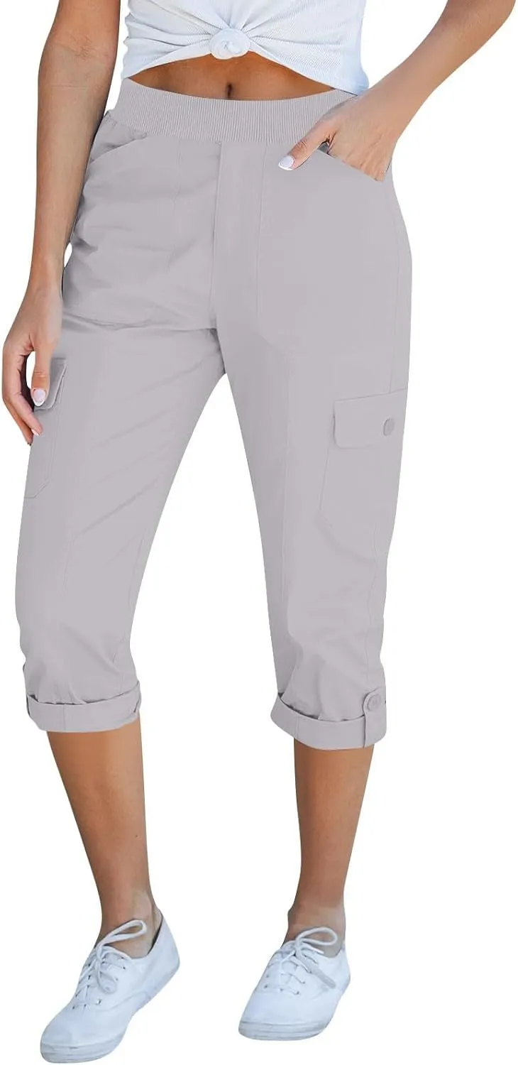 Womens Capri Cargo Pants Summer Fashion Stretch Waist Casual Pant Solid Color Comfortable Pants with Pockets 2025