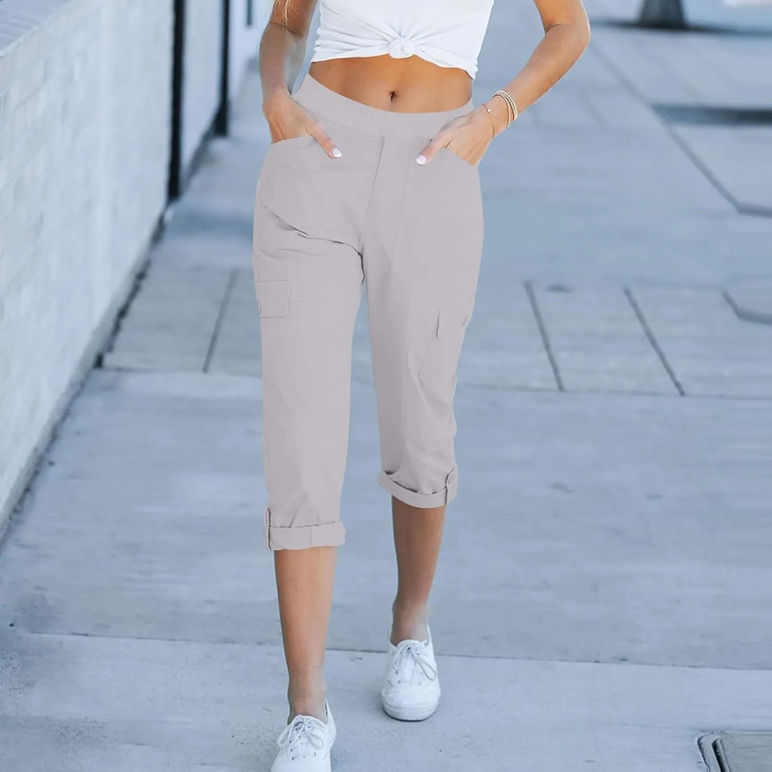 Womens Capri Cargo Pants Summer Fashion Stretch Waist Casual Pant Solid Color Comfortable Pants with Pockets 2025