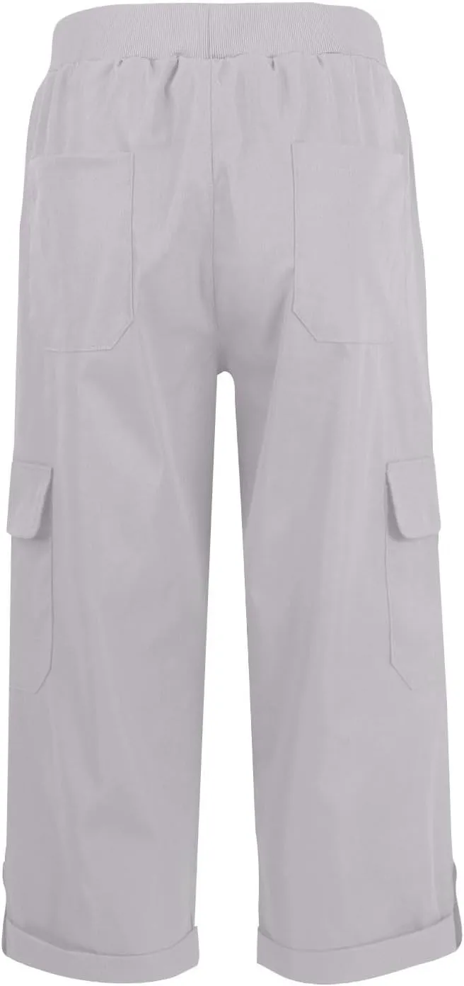 Womens Capri Cargo Pants Summer Fashion Stretch Waist Casual Pant Solid Color Comfortable Pants with Pockets 2025