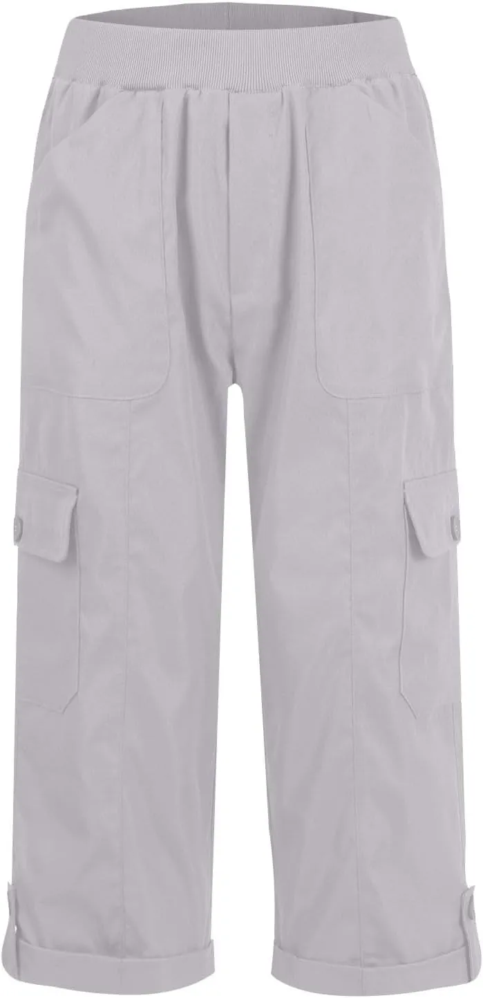 Womens Capri Cargo Pants Summer Fashion Stretch Waist Casual Pant Solid Color Comfortable Pants with Pockets 2025