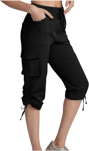 Womens Cargo Sweatpants Casual Baggy Stretch Waist Straight Leg Capris with Pockets Solid Loose Hiking Pants