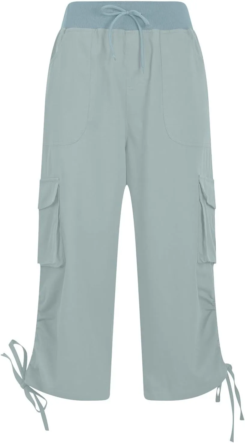Womens Cargo Sweatpants Casual Baggy Stretch Waist Straight Leg Capris with Pockets Solid Loose Hiking Pants