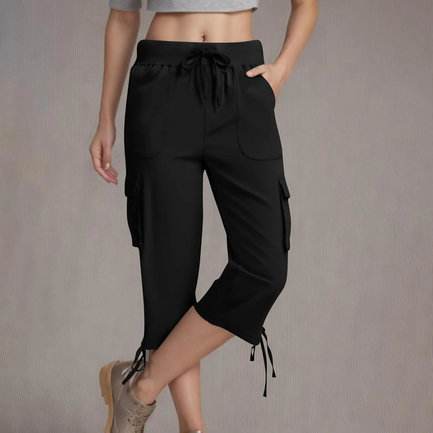 Womens Cargo Sweatpants Casual Baggy Stretch Waist Straight Leg Capris with Pockets Solid Loose Hiking Pants
