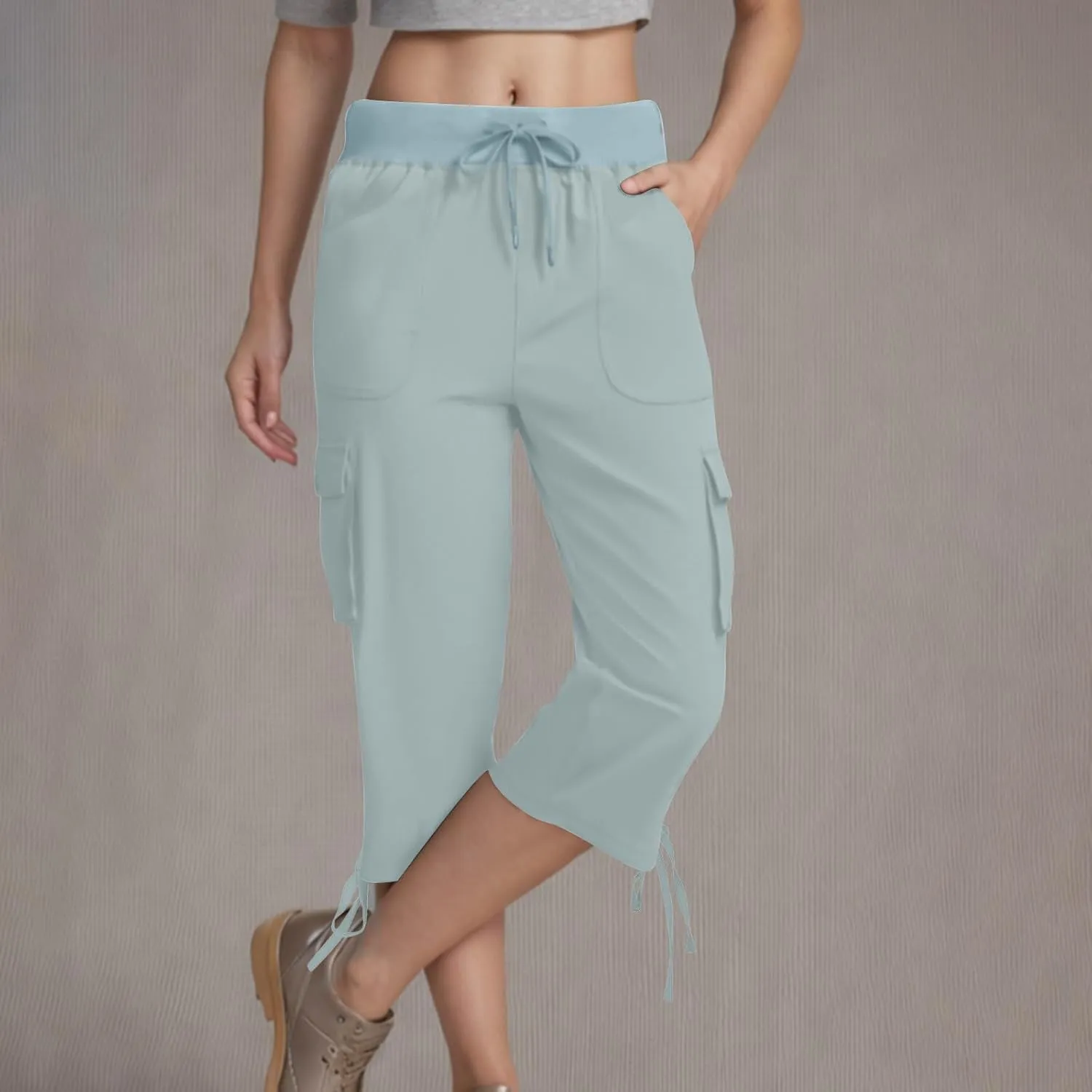 Womens Cargo Sweatpants Casual Baggy Stretch Waist Straight Leg Capris with Pockets Solid Loose Hiking Pants