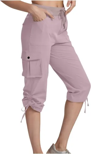 Womens Cargo Sweatpants Casual Baggy Stretch Waist Straight Leg Capris with Pockets Solid Loose Hiking Pants