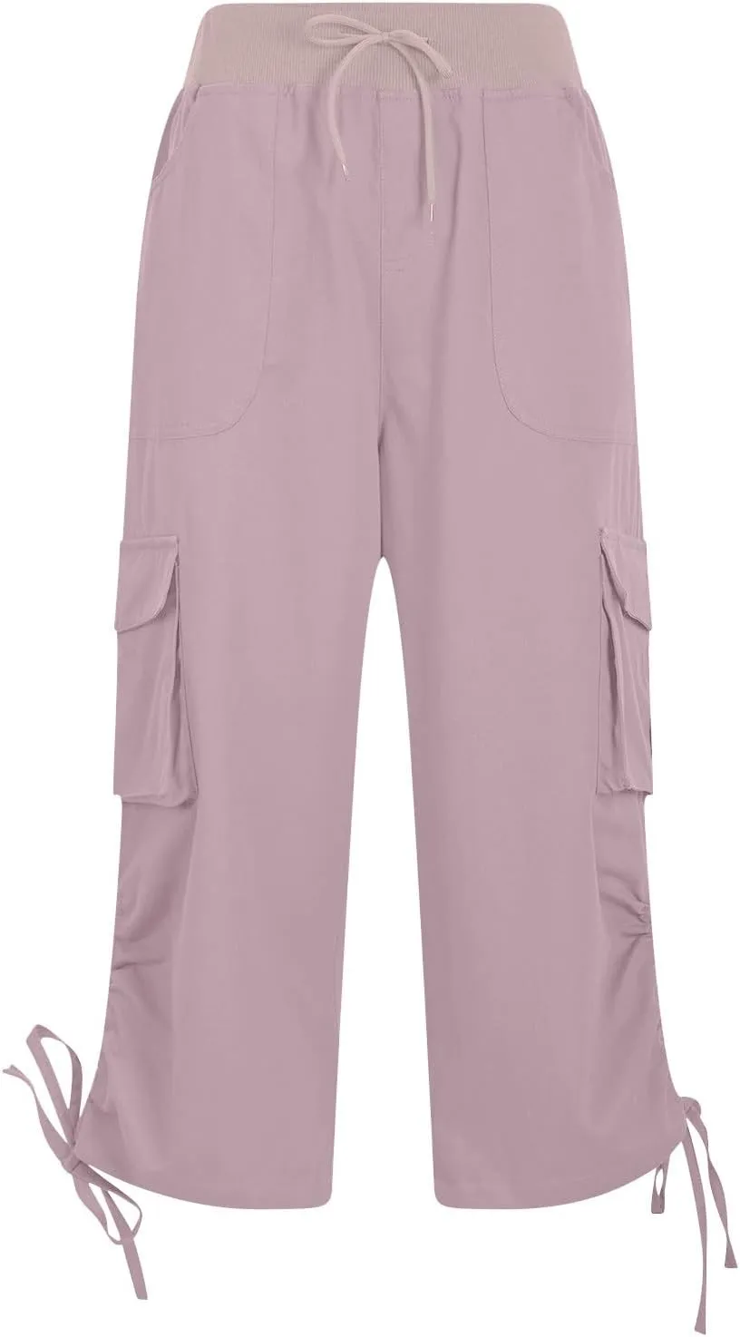 Womens Cargo Sweatpants Casual Baggy Stretch Waist Straight Leg Capris with Pockets Solid Loose Hiking Pants
