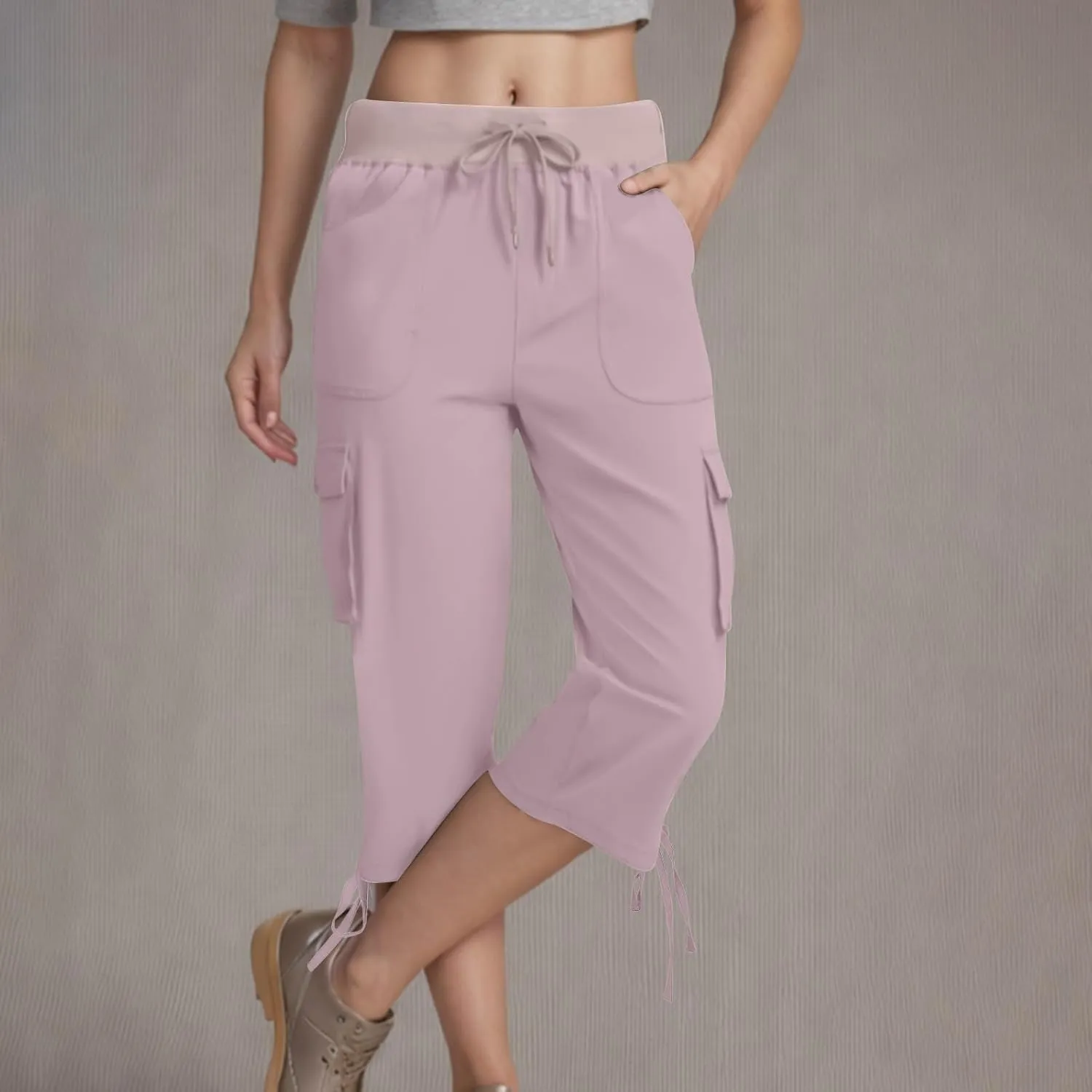 Womens Cargo Sweatpants Casual Baggy Stretch Waist Straight Leg Capris with Pockets Solid Loose Hiking Pants