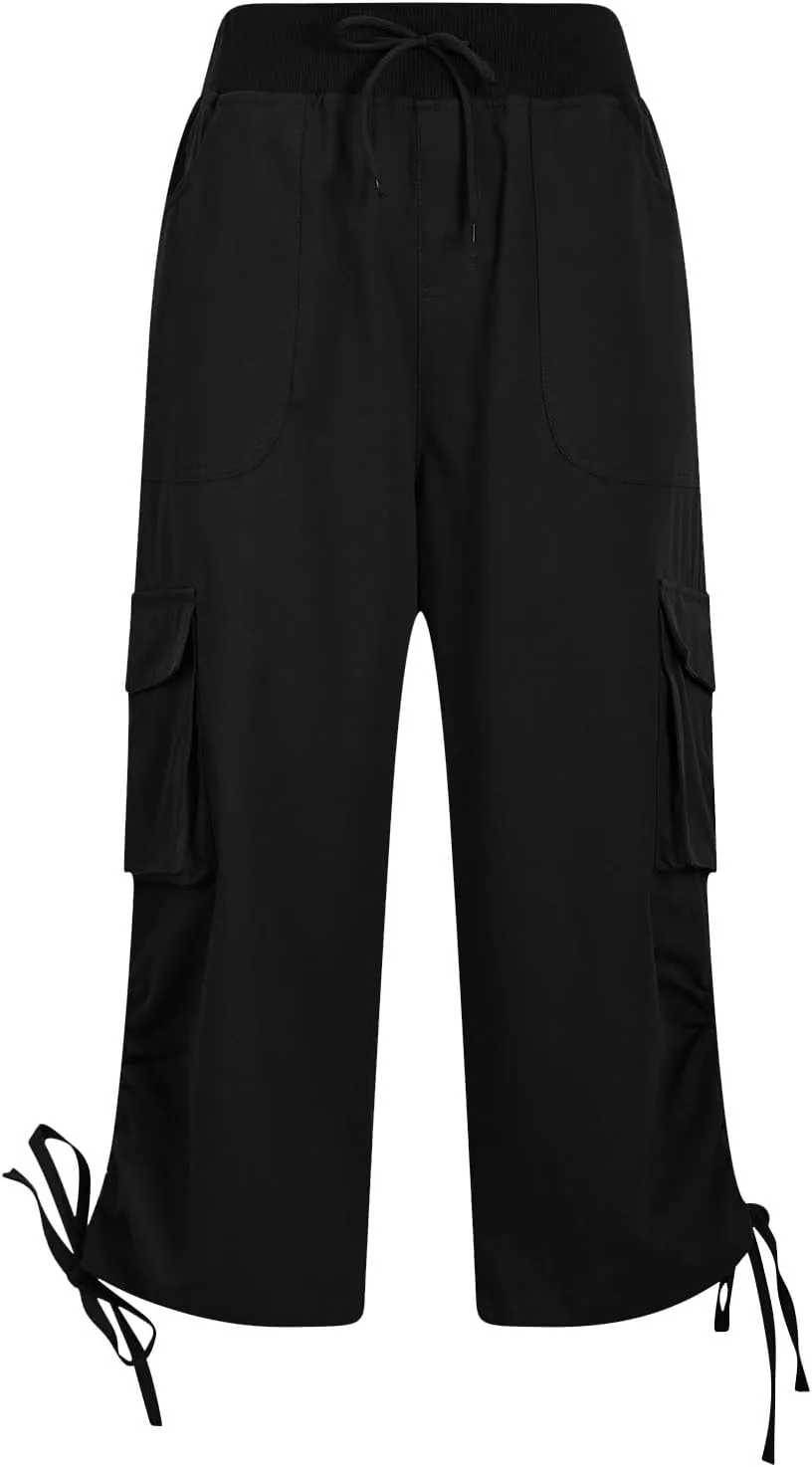 Womens Cargo Sweatpants Casual Baggy Stretch Waist Straight Leg Capris with Pockets Solid Loose Hiking Pants