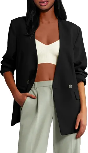 Womens Casual Blazers Dressy Button Lapel Long Sleeve Work Business Jackets Lightweight Collarless Open Front Blazer