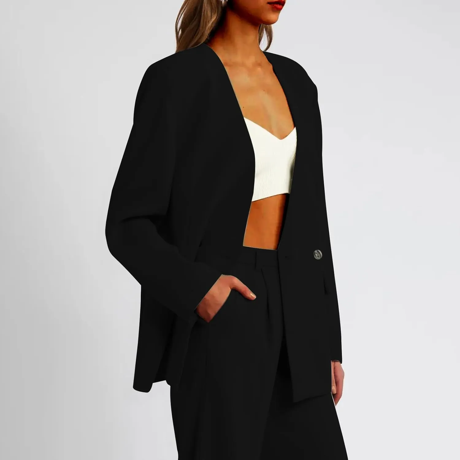 Womens Casual Blazers Dressy Button Lapel Long Sleeve Work Business Jackets Lightweight Collarless Open Front Blazer
