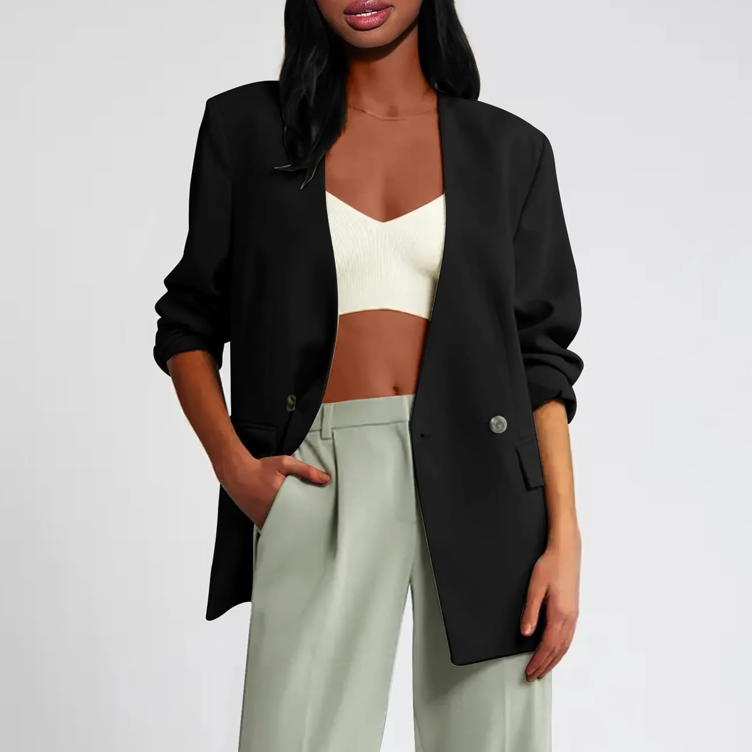 Womens Casual Blazers Dressy Button Lapel Long Sleeve Work Business Jackets Lightweight Collarless Open Front Blazer
