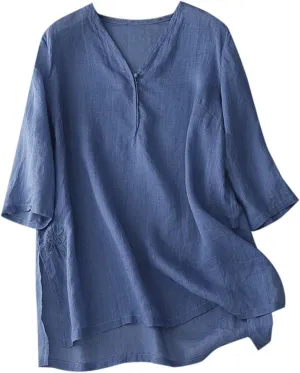 Women's Casual Cotton Linen Tshirt 3/4 Length Sleeve Shirt V-Neck Button Down Blouse Tops Vintage Embroidered Shirts