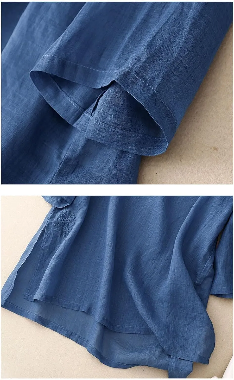 Women's Casual Cotton Linen Tshirt 3/4 Length Sleeve Shirt V-Neck Button Down Blouse Tops Vintage Embroidered Shirts