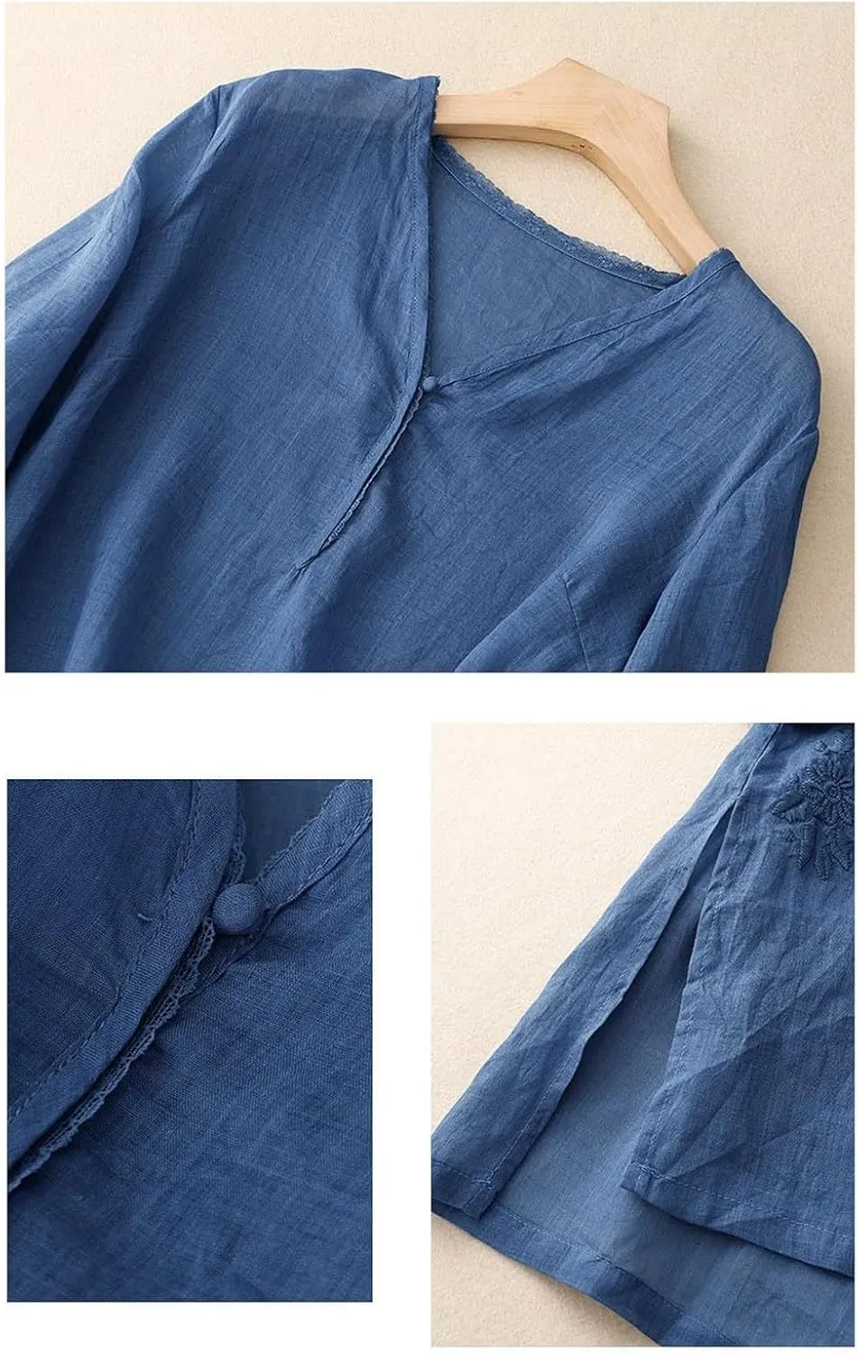 Women's Casual Cotton Linen Tshirt 3/4 Length Sleeve Shirt V-Neck Button Down Blouse Tops Vintage Embroidered Shirts