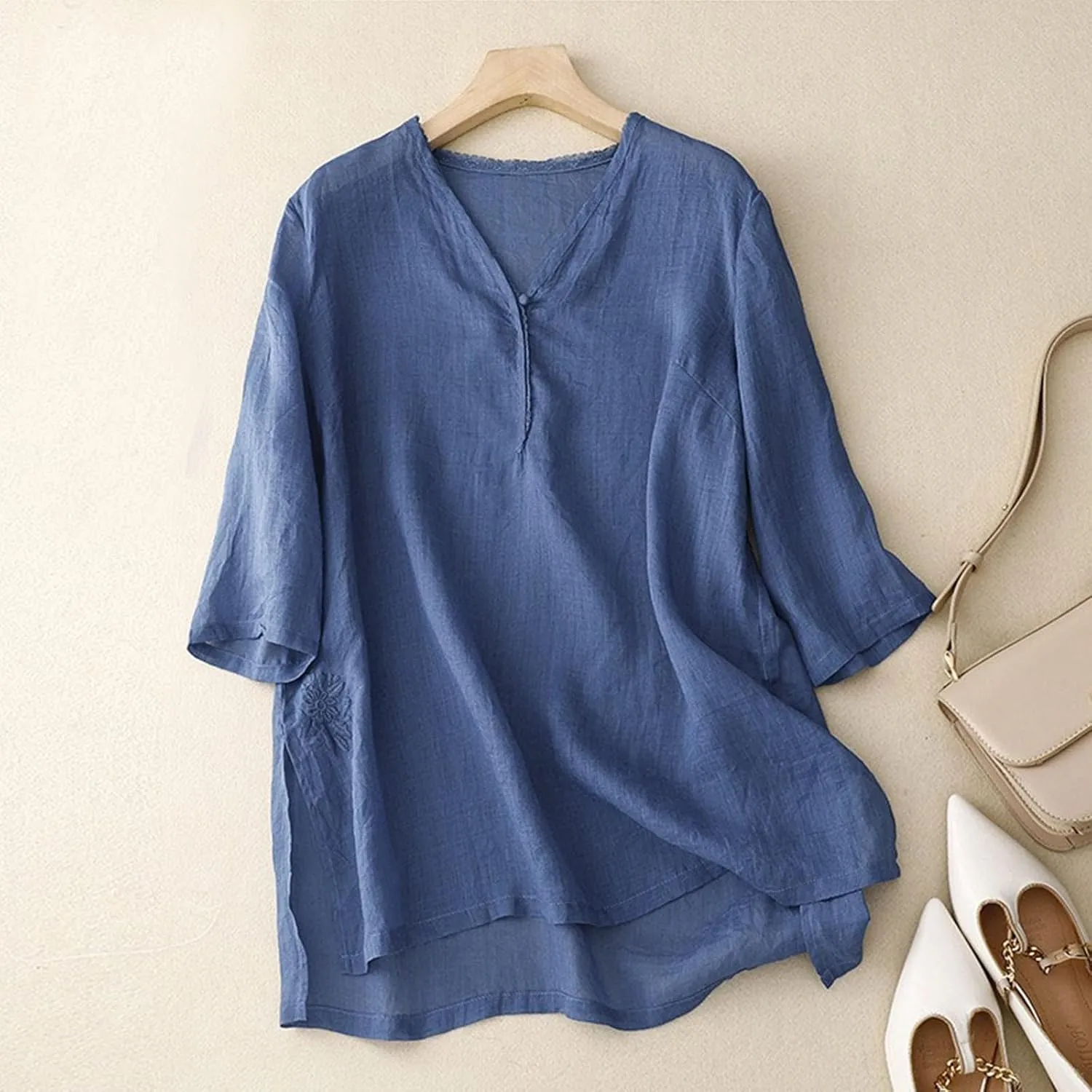 Women's Casual Cotton Linen Tshirt 3/4 Length Sleeve Shirt V-Neck Button Down Blouse Tops Vintage Embroidered Shirts
