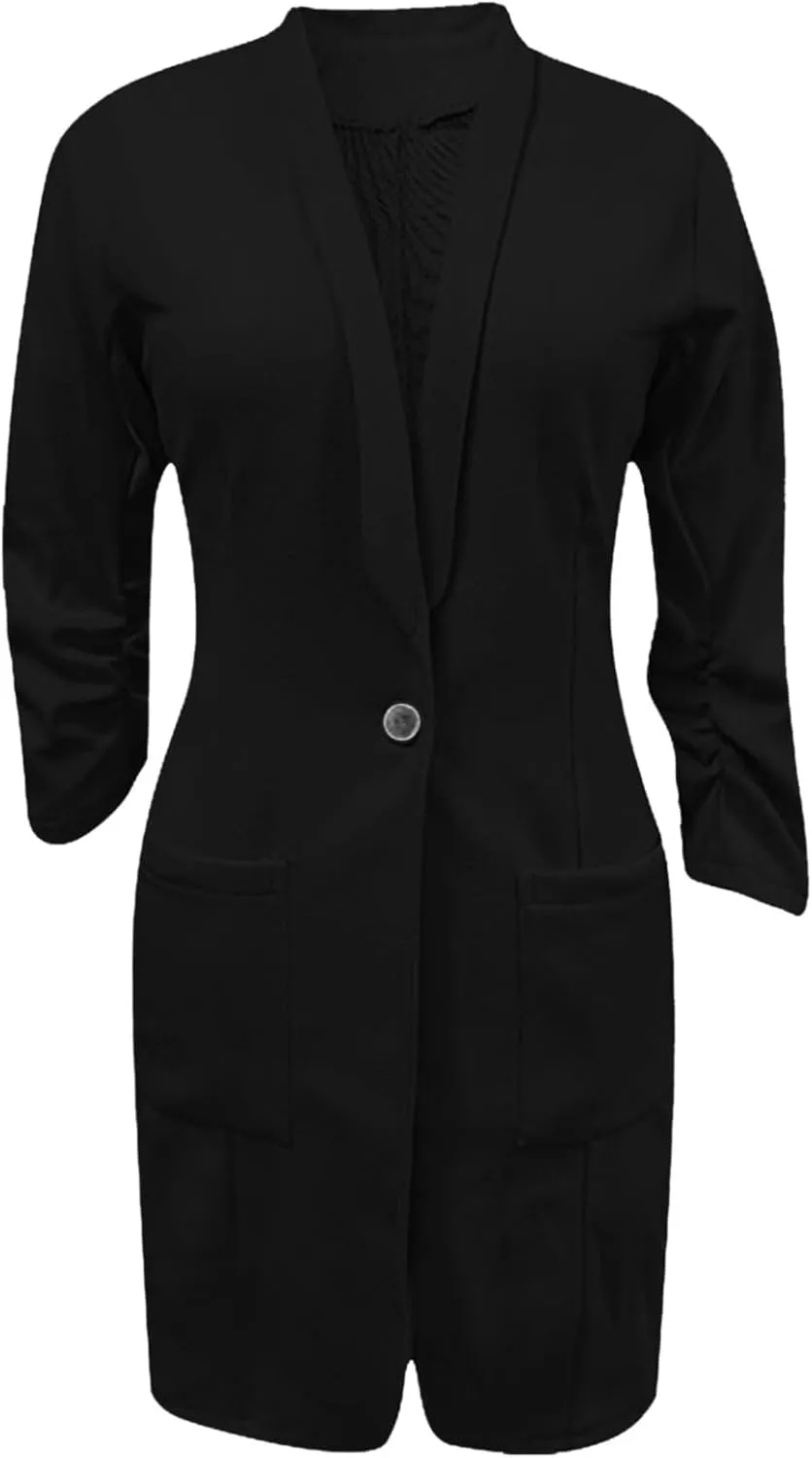 Women's Casual Long Blazers Trendy Ruched 3/4 Sleeve Lapel Jackets Open Front Long Sleeve Work Office Suit Jackets