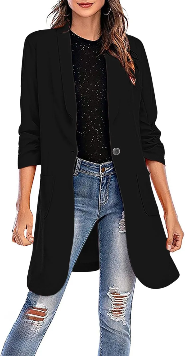 Women's Casual Long Blazers Trendy Ruched 3/4 Sleeve Lapel Jackets Open Front Long Sleeve Work Office Suit Jackets