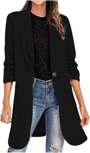 Women's Casual Long Blazers Trendy Ruched 3/4 Sleeve Lapel Jackets Open Front Long Sleeve Work Office Suit Jackets