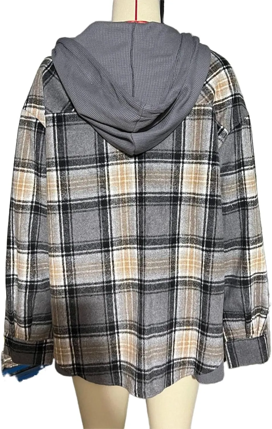 Women's Checked Wool Jacket Windbreaker Contrast Color Plaid Wool Blend Tartan Shacket Outwear with Hood