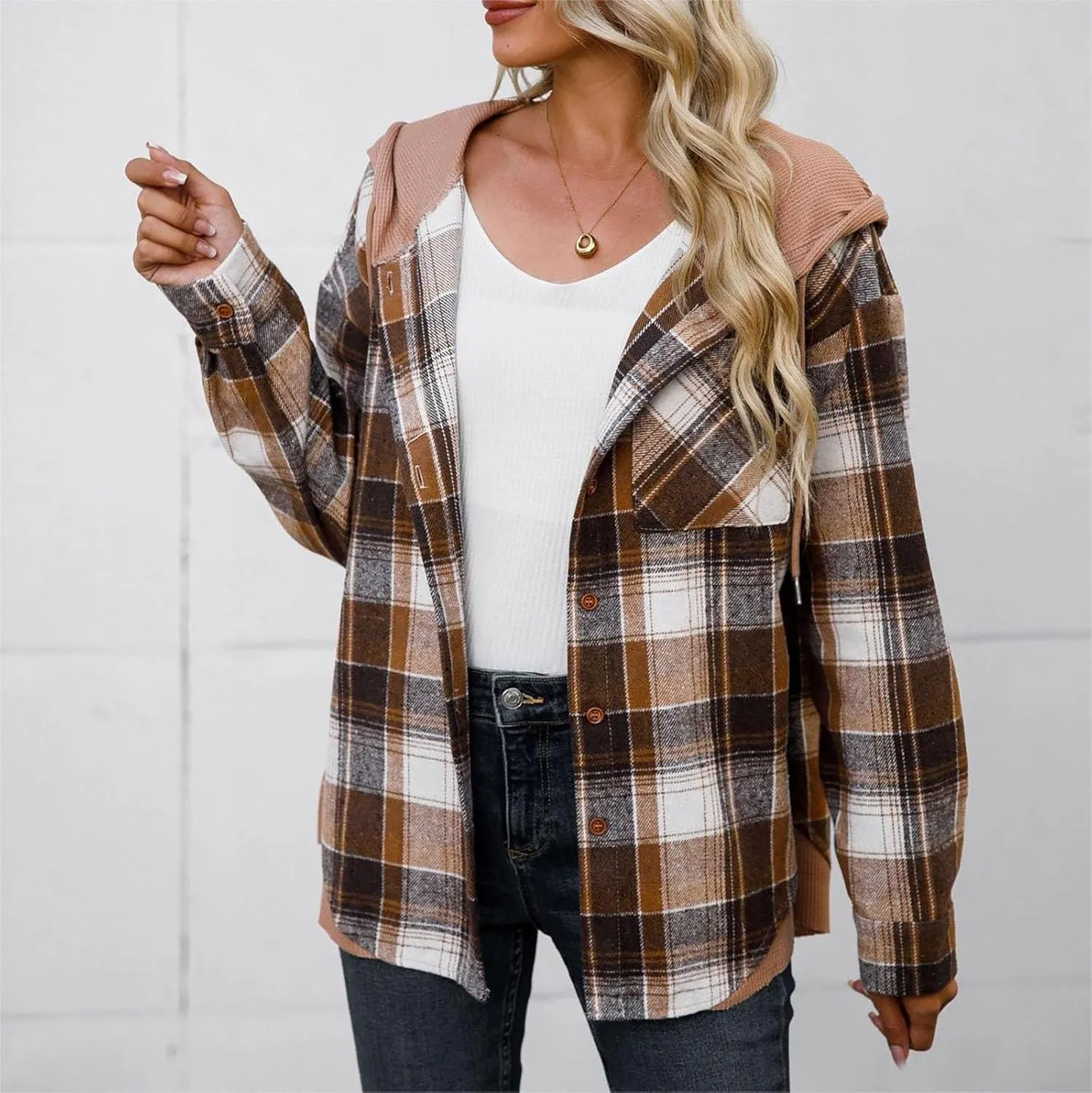 Women's Checked Wool Jacket Windbreaker Contrast Color Plaid Wool Blend Tartan Shacket Outwear with Hood