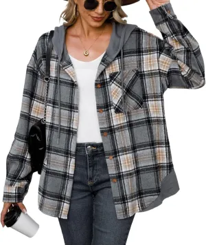 Women's Checked Wool Jacket Windbreaker Contrast Color Plaid Wool Blend Tartan Shacket Outwear with Hood