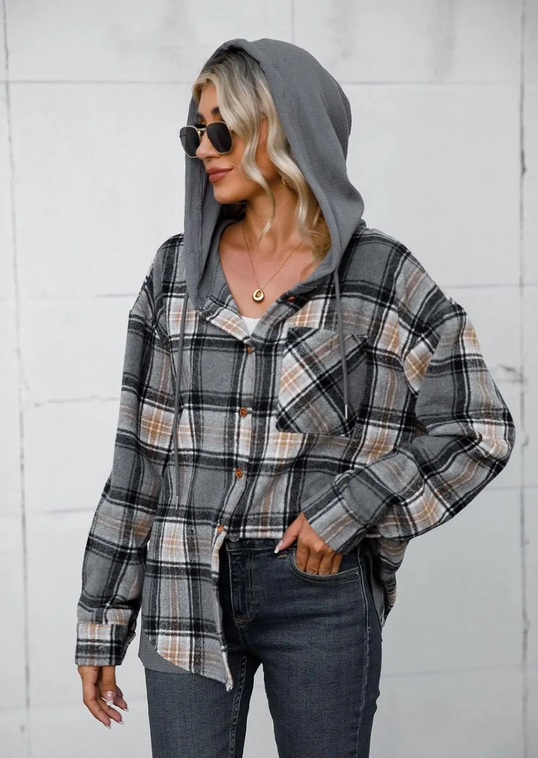 Women's Checked Wool Jacket Windbreaker Contrast Color Plaid Wool Blend Tartan Shacket Outwear with Hood