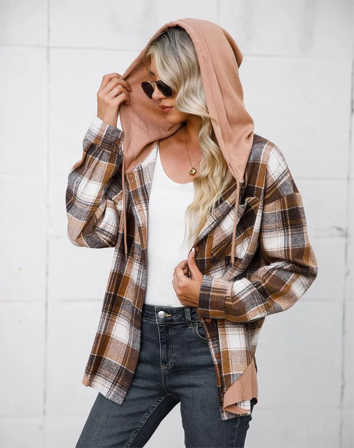 Women's Checked Wool Jacket Windbreaker Contrast Color Plaid Wool Blend Tartan Shacket Outwear with Hood