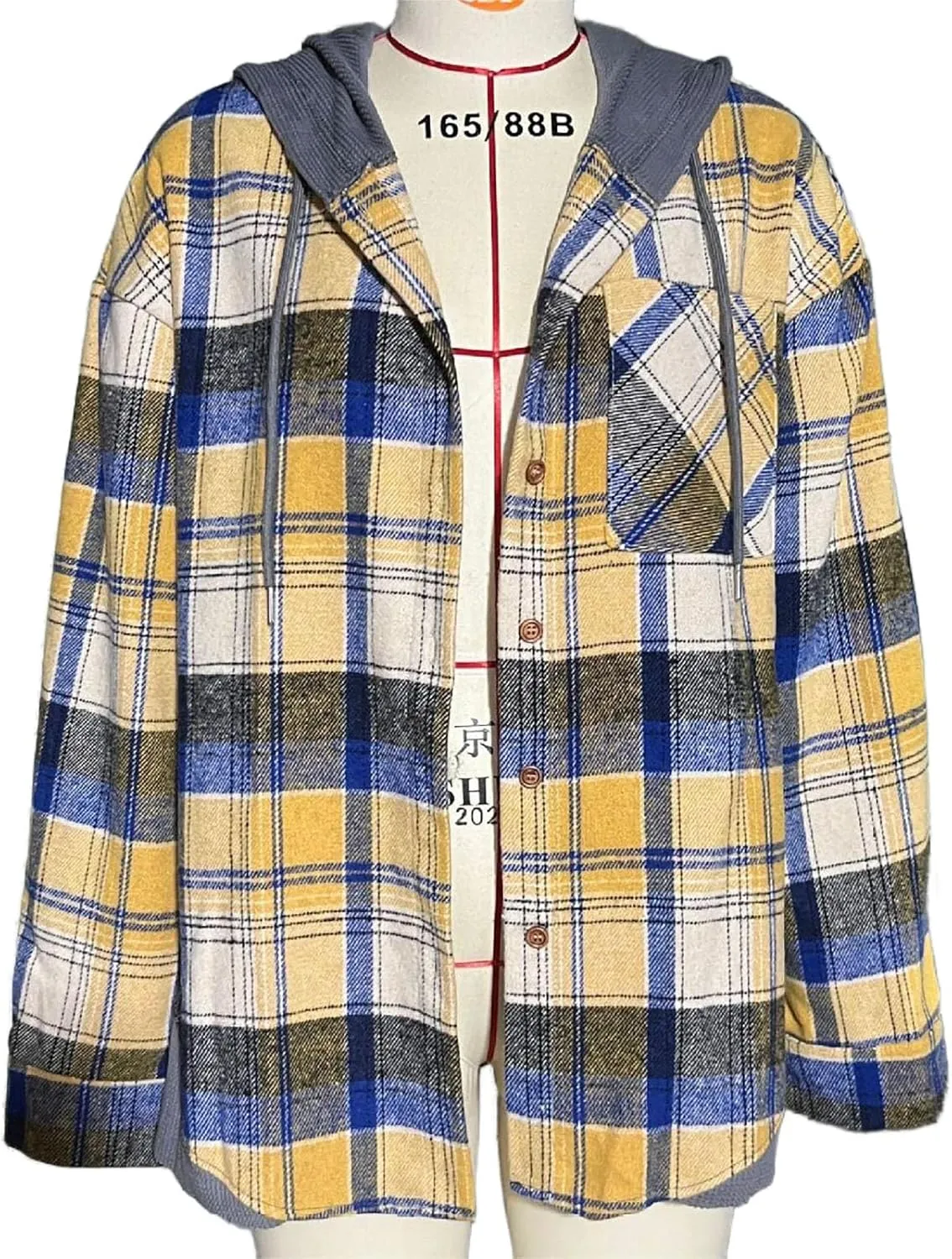 Women's Checked Wool Jacket Windbreaker Contrast Color Plaid Wool Blend Tartan Shacket Outwear with Hood