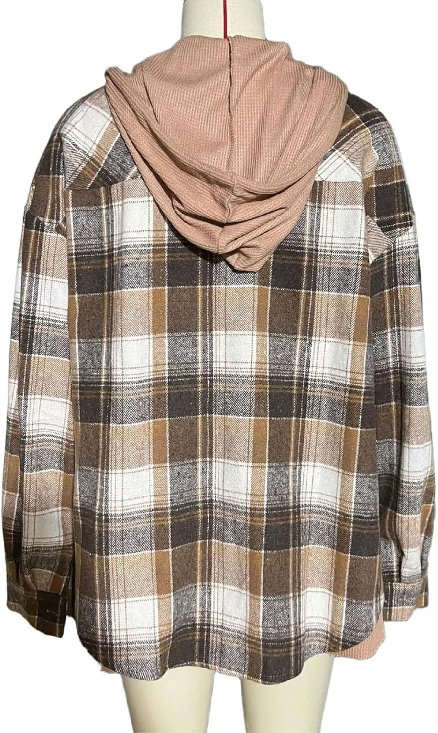Women's Checked Wool Jacket Windbreaker Contrast Color Plaid Wool Blend Tartan Shacket Outwear with Hood