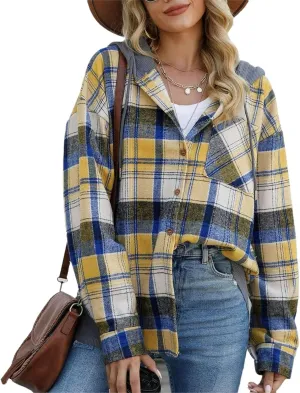 Women's Checked Wool Jacket Windbreaker Contrast Color Plaid Wool Blend Tartan Shacket Outwear with Hood