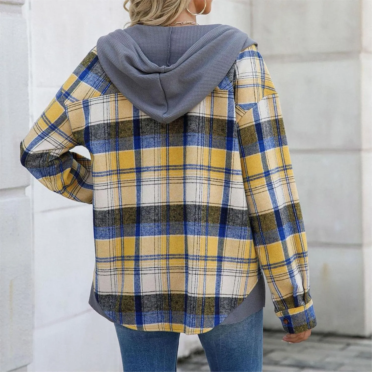 Women's Checked Wool Jacket Windbreaker Contrast Color Plaid Wool Blend Tartan Shacket Outwear with Hood