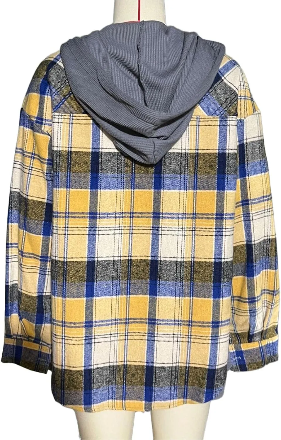 Women's Checked Wool Jacket Windbreaker Contrast Color Plaid Wool Blend Tartan Shacket Outwear with Hood