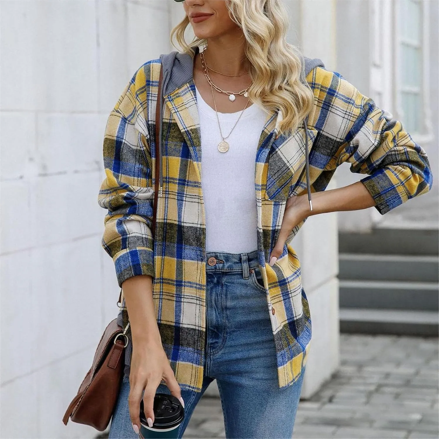 Women's Checked Wool Jacket Windbreaker Contrast Color Plaid Wool Blend Tartan Shacket Outwear with Hood