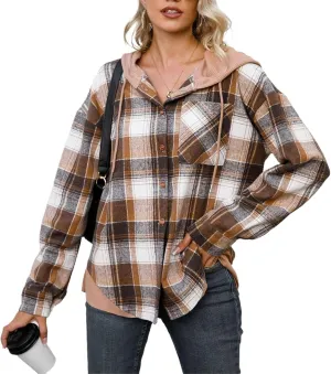 Women's Checked Wool Jacket Windbreaker Contrast Color Plaid Wool Blend Tartan Shacket Outwear with Hood